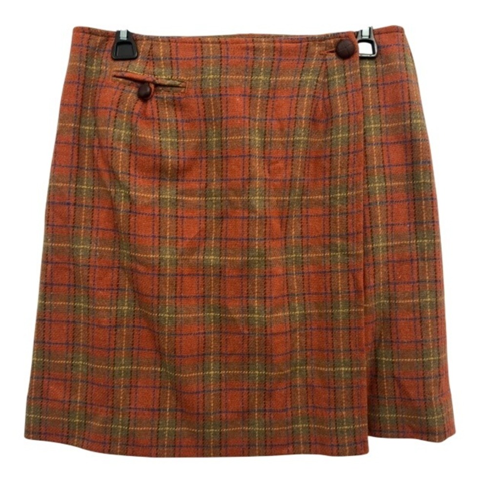 90s Lizsport Wrap Skirt Vintage Orange Plaid Wool Blend Size 10 Mini A-Line